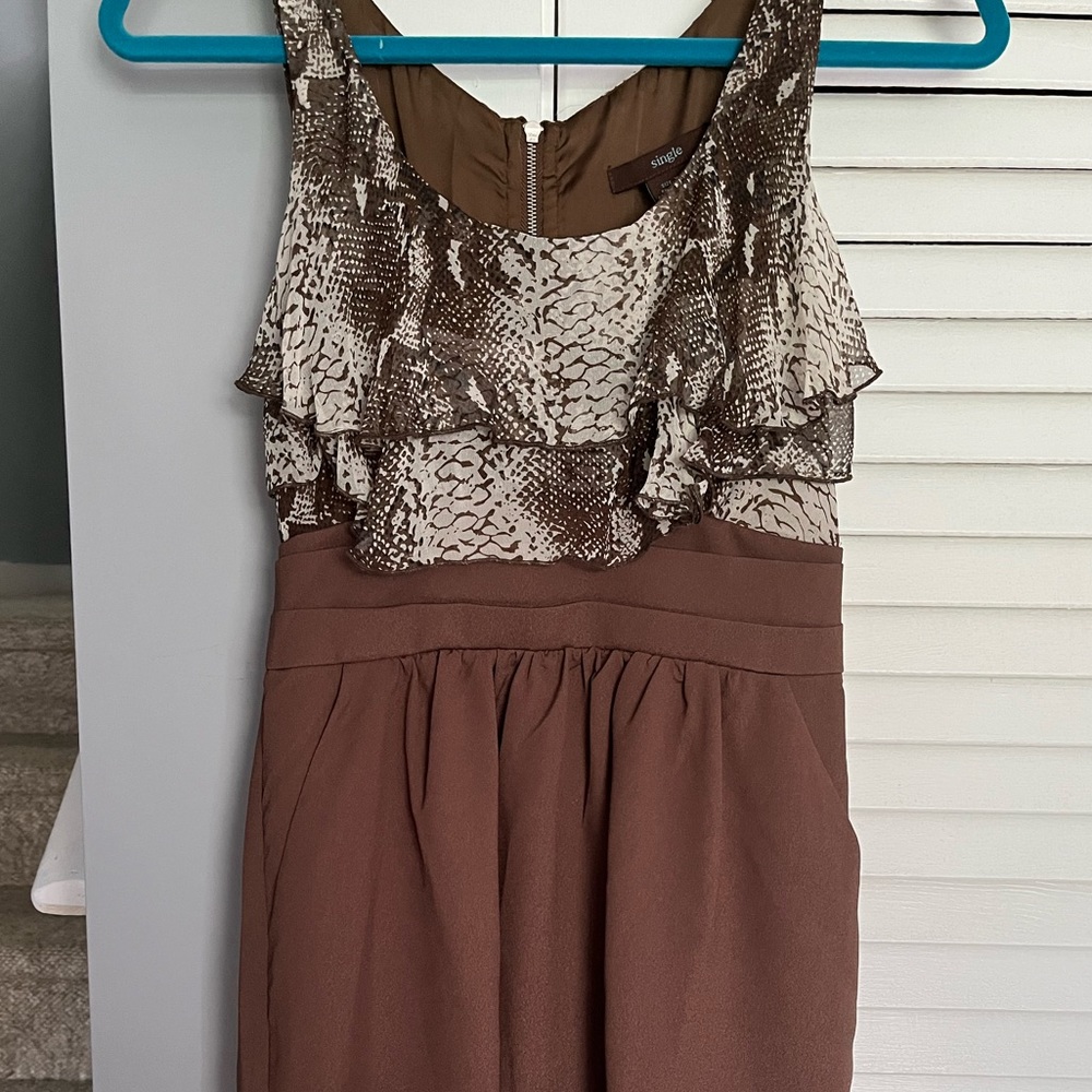 “Single” brand brown snakeskin mesh ruffle mini dress with pockets